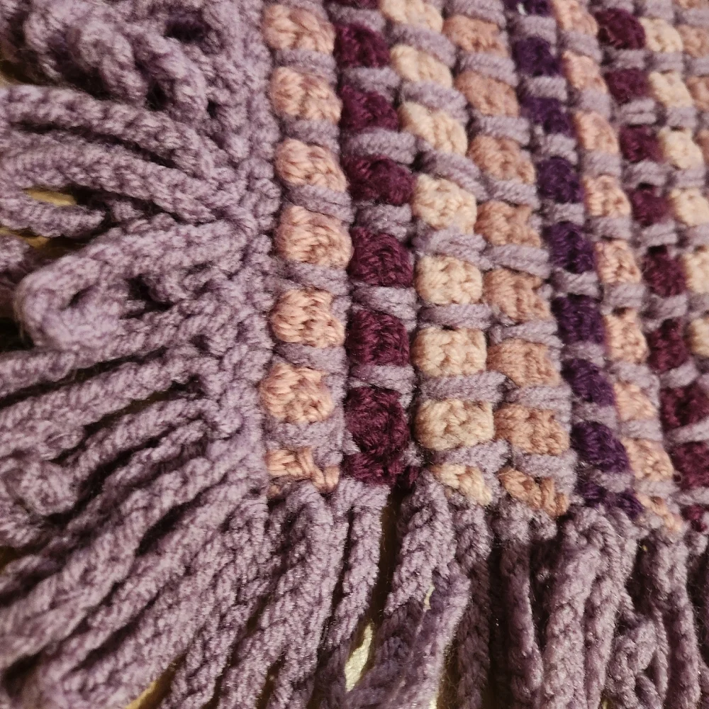 Vintage Purple Rose  Handmade‎ Crochet Granny Afghan Fringed Raskin Cowl Waffle